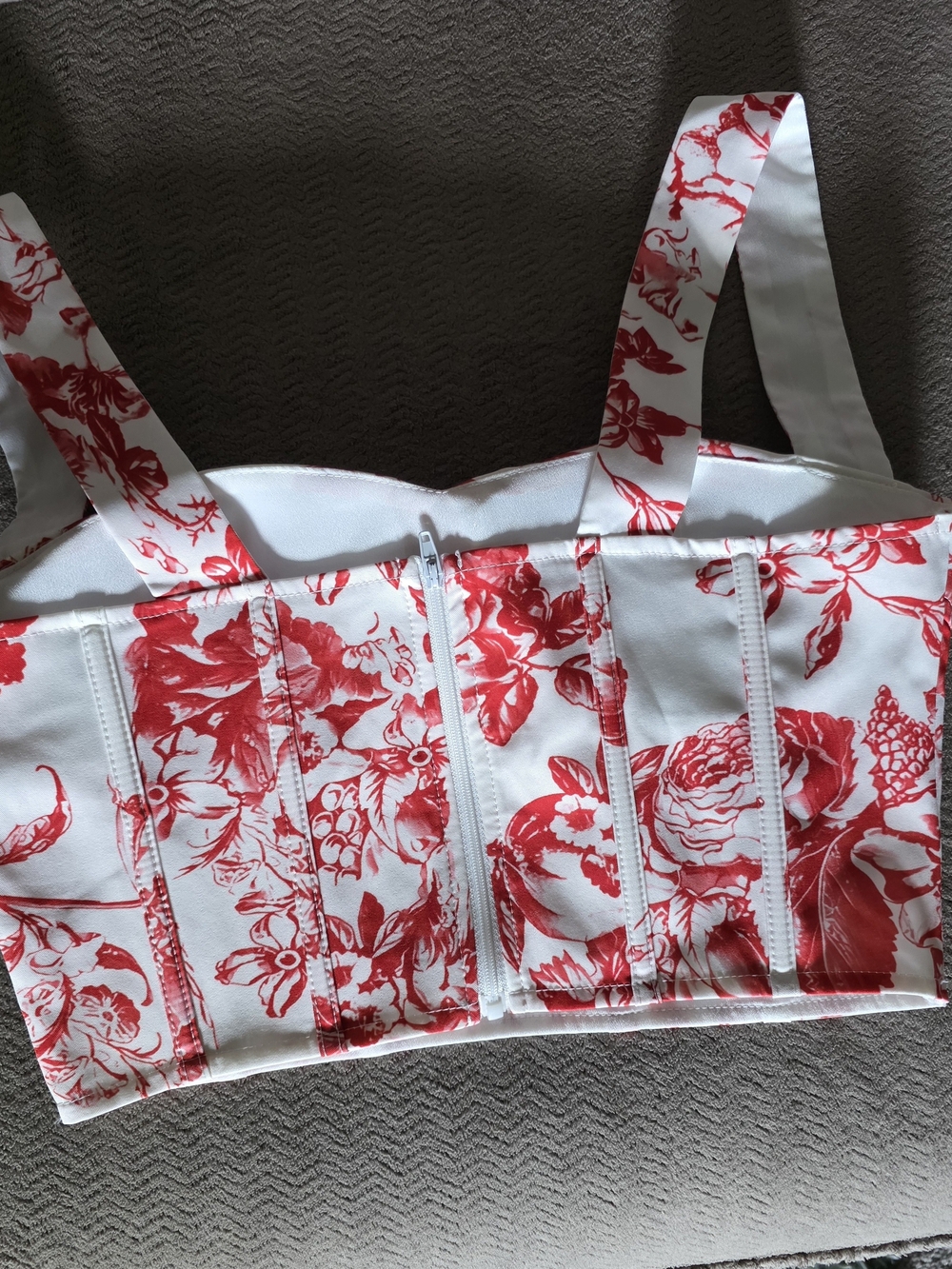 Fashion Nova White Crop Bustier with Red Floral Print